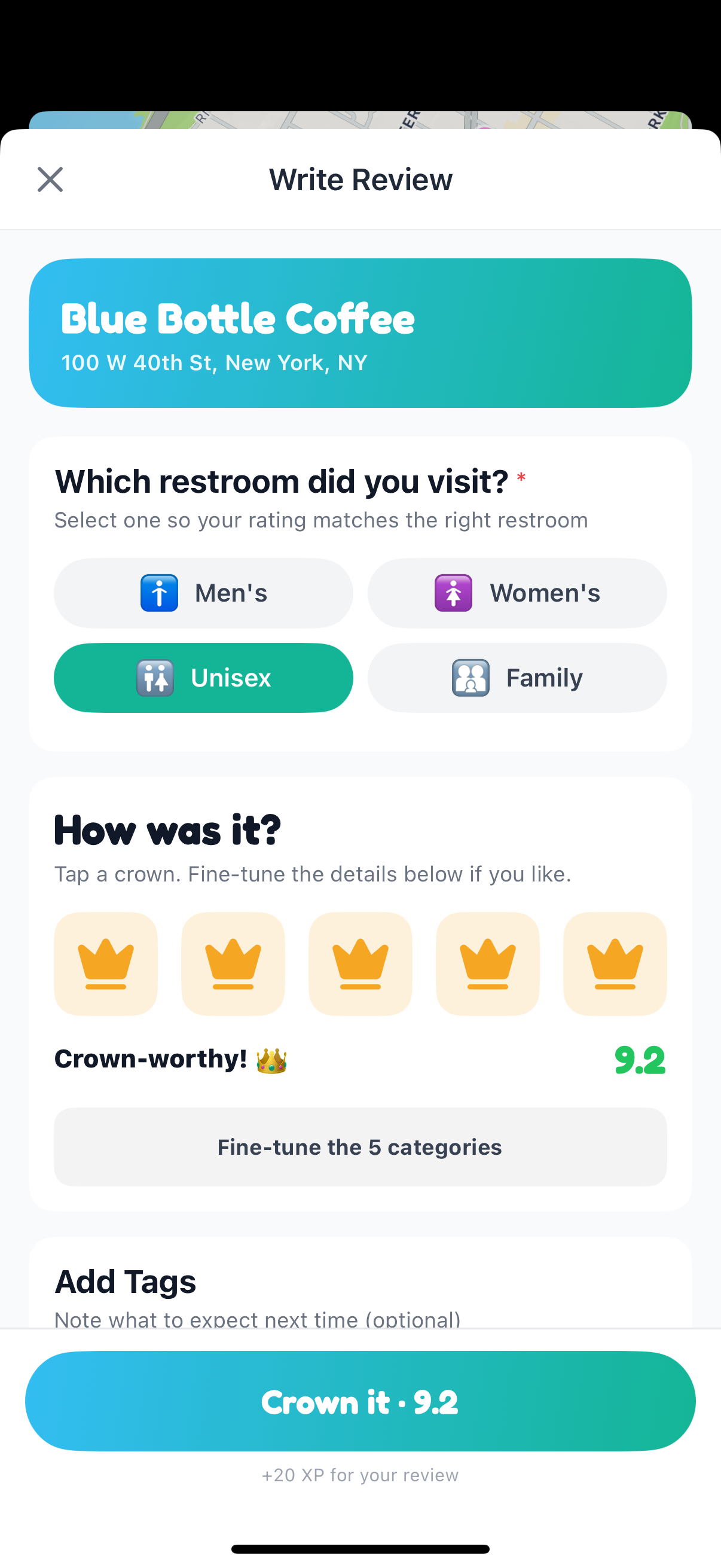Rating a restroom with one tap on 1 to 5 crowns