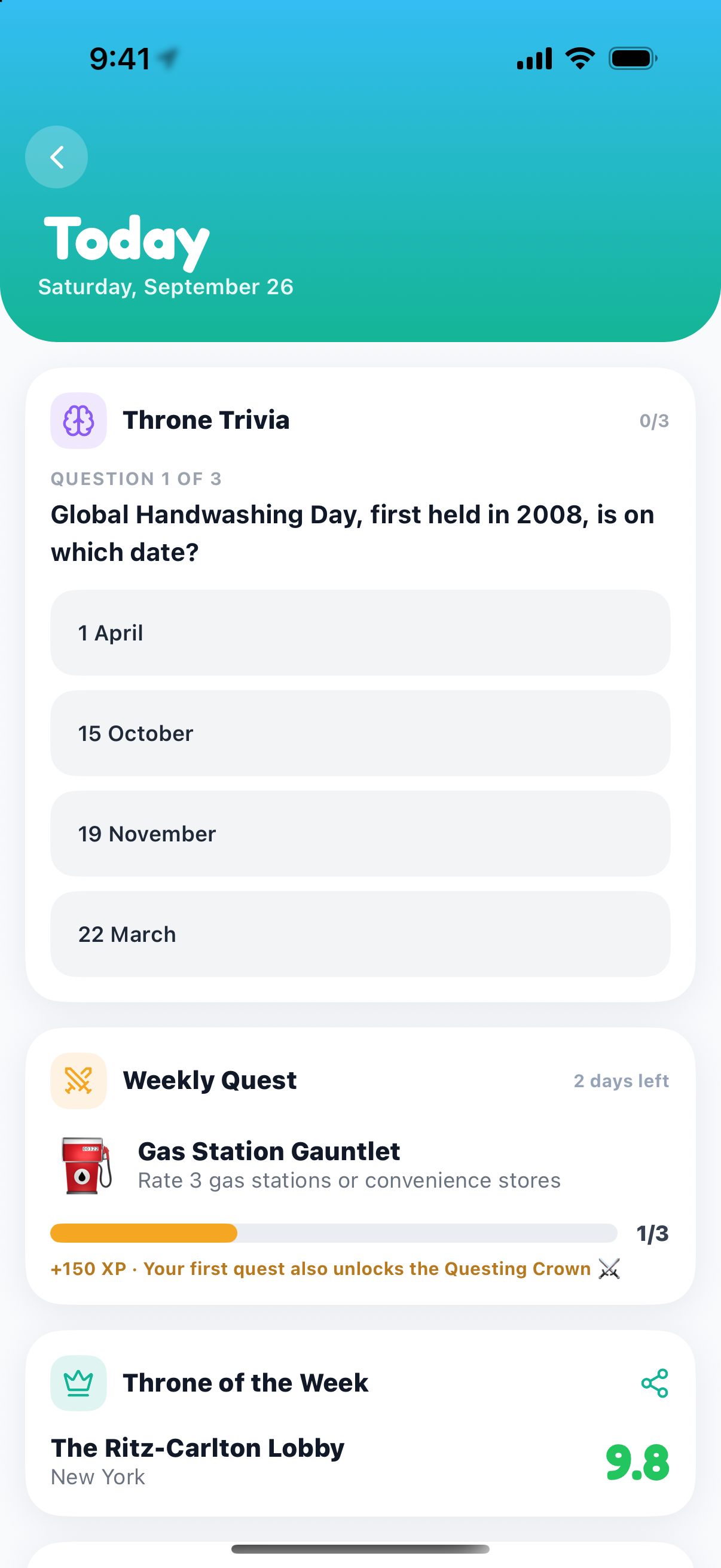 Today hub with Throne Trivia and the Weekly Quest
