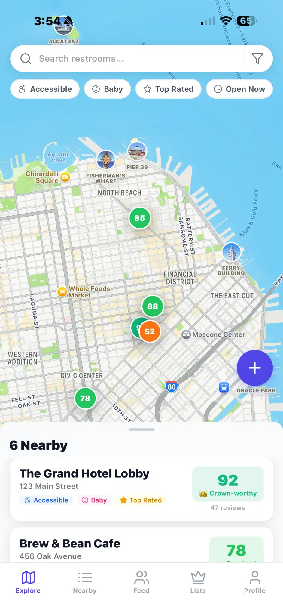 Throne Score bathroom finder app showing map with restroom ratings