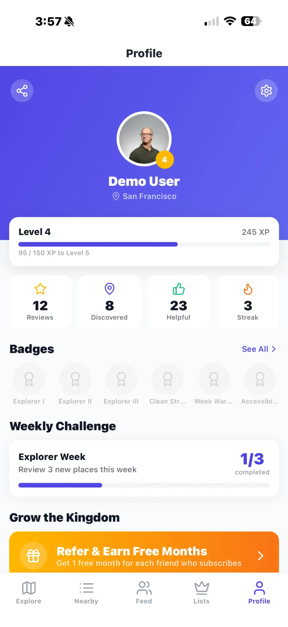 Throne Score app user profile with badges and XP