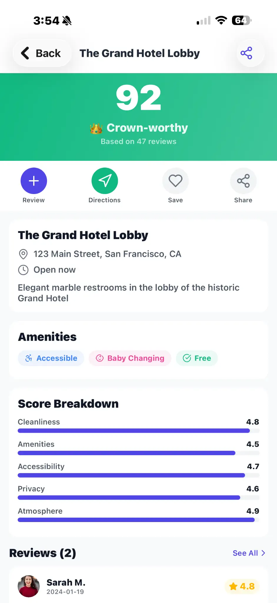 Throne Score app restroom detail screen with ratings